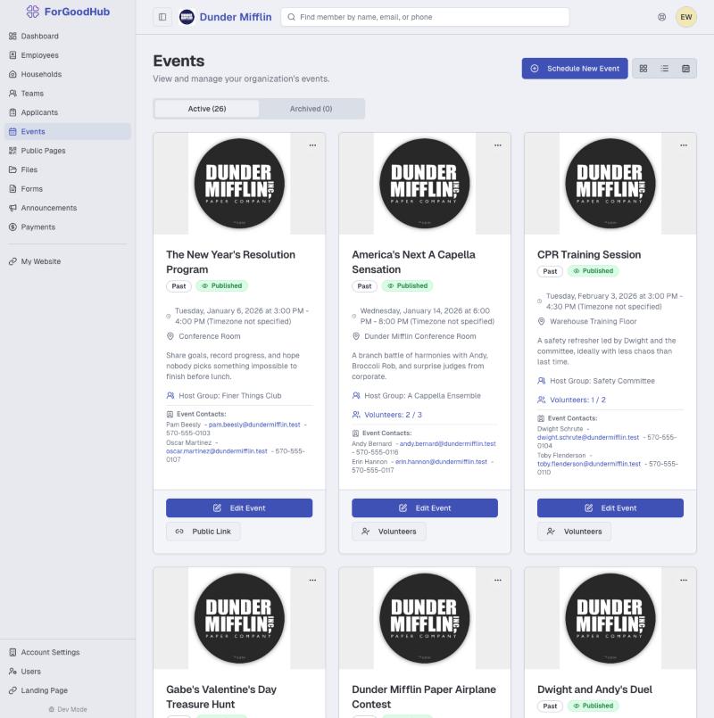 ForGoodHub events page with event cards and volunteer counts