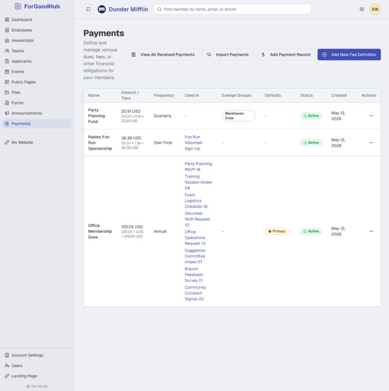 ForGoodHub payments page listing dues and fee definitions